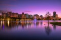 Colorful sunset above Lake Eola and city skyline in Orlando, Florida Royalty Free Stock Photo