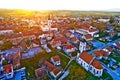 Colorful sunset above medieval town of Krizevci aerial view