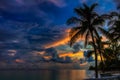 Colorful Sunset in the Bahamas with a palm tree in the foreground Royalty Free Stock Photo