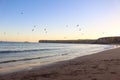 Colorful Sunset on the beach with seagulls flying over the sea in Algarve, Portugal. Royalty Free Stock Photo