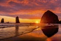 Colorful Sunset Birds Haystack Rock Sea Stacks Canon Beach Oregon Royalty Free Stock Photo