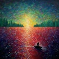 Colorful Sunset Boat Painting With Sparkling Water Reflections