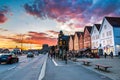 City Street Scene with Colorful Sunset at Bryggen in Bergen Center