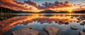 Colorful sunset, calm lake, shimmering reflections. Vibrant sunset over a lake. Nature background. Generative AI