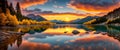 Colorful sunset, calm lake, shimmering reflections. Vibrant sunset over a lake. Nature background. Generative AI