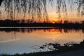 Colorful sunset in CHKO Poodri in Czech republic with pond, trees and willow branches