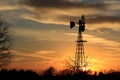 Colorful Kansas Sunset in the evening with clouds and a Windmill silhouette. Royalty Free Stock Photo