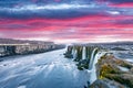 Colorful sunset on Famous Selfoss waterfall