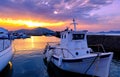 Colorful sunset in fishermen village and harbour. Royalty Free Stock Photo