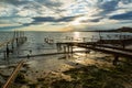 Colorful sunset at the fishing village near Ravda, Bulgaria. Sea sunset at Black Sea coast Royalty Free Stock Photo