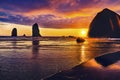 Colorful Sunset Haystack Rock Sea Stacks Canon Beach Oregon Royalty Free Stock Photo