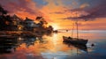 Colorful Sunset: Impressionist Painting Of Boats And Houses