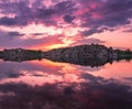 Colorful sunset at the lake with clouds reflected in water Royalty Free Stock Photo