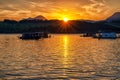 Colorful sunset on lake Liptovska Mara, Slovakia. Houseboats on water