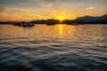 Colorful sunset on lake Liptovska Mara, Slovakia. Houseboats on water