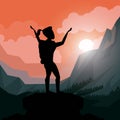 Colorful sunset landscape of climber woman celebrating at the top of mountain Royalty Free Stock Photo