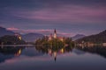 Colorful sunset landscape view of Lake Bled island and church, Slovenia