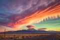 colorful sunset with lenticular clouds over a mountain range