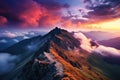 Colorful sunset in the mountains. Carpathians, Ukraine, Europe, Mountain top landscape view with clouds at sunset, AI Generated Royalty Free Stock Photo