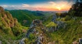 Colorful sunset in the mountains of the Little Carpathians in Slovakia with fresh green grass and leaves on the trees Royalty Free Stock Photo