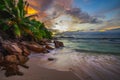 Colorful sunset over Anse Severe Beach at the La Digue Island, Seychelles