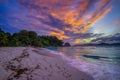 Colorful sunset over Anse Severe Beach at the La Digue Island, Seychelles