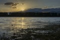 Colorful sunset over Balkan mountain and artificial lake Koprinka. Last rays of light. Royalty Free Stock Photo