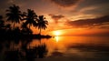 A colorful sunset over a calm sea with silhouettes of palm trees in the foreground created with Generative AI Royalty Free Stock Photo
