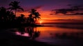 A colorful sunset over a calm sea with silhouettes of palm trees in the foreground created with Generative AI Royalty Free Stock Photo