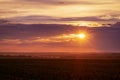 A colorful sunset over a field of young corn on a rainy evening Royalty Free Stock Photo