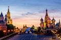 Colorful sunset over the Kremlin wall towers and St. Basil Cathedral at the Red Square. Summer sunset in Moscow, Russia Royalty Free Stock Photo