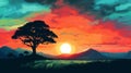 Colorful Sunset Over Mountains In Speedpainting Style