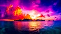 Colorful sunset over the ocean with small island in the distance and clouds in the sky. Generative AI Royalty Free Stock Photo