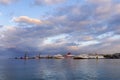 Colorful sunset over the port of Heraklion. Two ferry boats docked at the jetty Peiraeus - Heraklion route Royalty Free Stock Photo