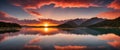 Colorful sunset over Serene lake, shimmering reflections. Vibrant sunset over a lake. Fall background. Digital AI