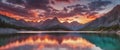 Colorful sunset over Serene lake, shimmering reflections. Vibrant sunset over a lake. Fall background. Digital AI