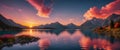 Colorful sunset over Serene lake, shimmering reflections. Vibrant sunset over a lake. Fall background. Digital AI