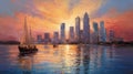 Colorful Sunset Over Singapore Skyline With Boats And Buildings Royalty Free Stock Photo