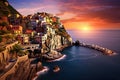 Colorful sunset over the village of Manarola, Cinque Terre, Italy, AI Generated