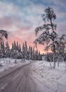 Colorful sunset over winter landscape with snow covered forest . Royalty Free Stock Photo