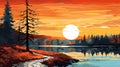 Colorful Sunset Painting Of A Lake And Trees In Lil Nas X Style Royalty Free Stock Photo