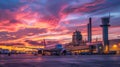 A colorful sunset paints the sky behind a biofuel production plant which sits next to a busy airport. The airports
