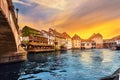 sunset in the region of Little France in the city of Strasbourg. Famous half-timbered houses, the river Ill and the