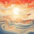 Colorful Sunset Seascape Illustration With Organic Flowing Forms