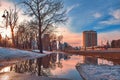 Colorful Sunset Sky City Reflections In A Puddle Royalty Free Stock Photo