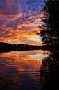 Colorful sunset sky at the forest lake and reflection in lake Royalty Free Stock Photo