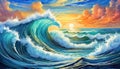 Colorful sunset sky and large ocean waves in a vibrant painting Royalty Free Stock Photo