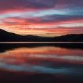 Colorful sunset sky reflects on the tranquil surface of the lake Royalty Free Stock Photo