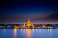 A colorful of sunset time reflection of gold pagoda `Wat Arun` temple of Bangkok at night time