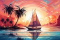 Colorful sunset on the tropical island. Beautiful ocean beach with palms and yacht illustration. Summer traveling and holiday. Royalty Free Stock Photo